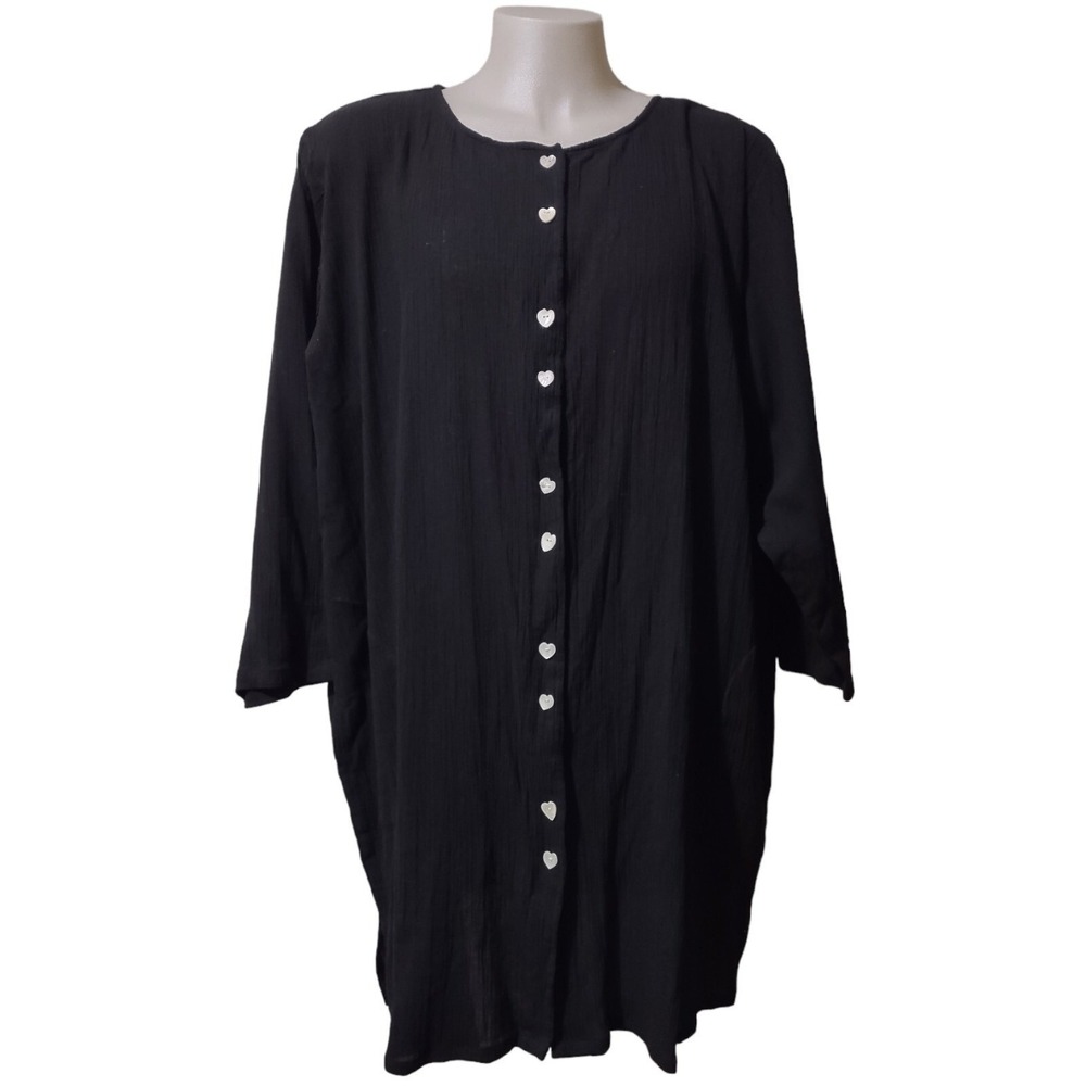 Results Plus Dress‎ Shirt Women's 3X Whimsical Black Heart Button Crinkle Gauze